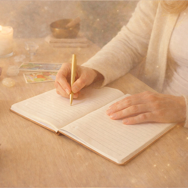 Persona escribiendo en un diario en un escritorio con cartas de tarot, velas y cristales para una sesión de registros akáshicos y claridad mental.